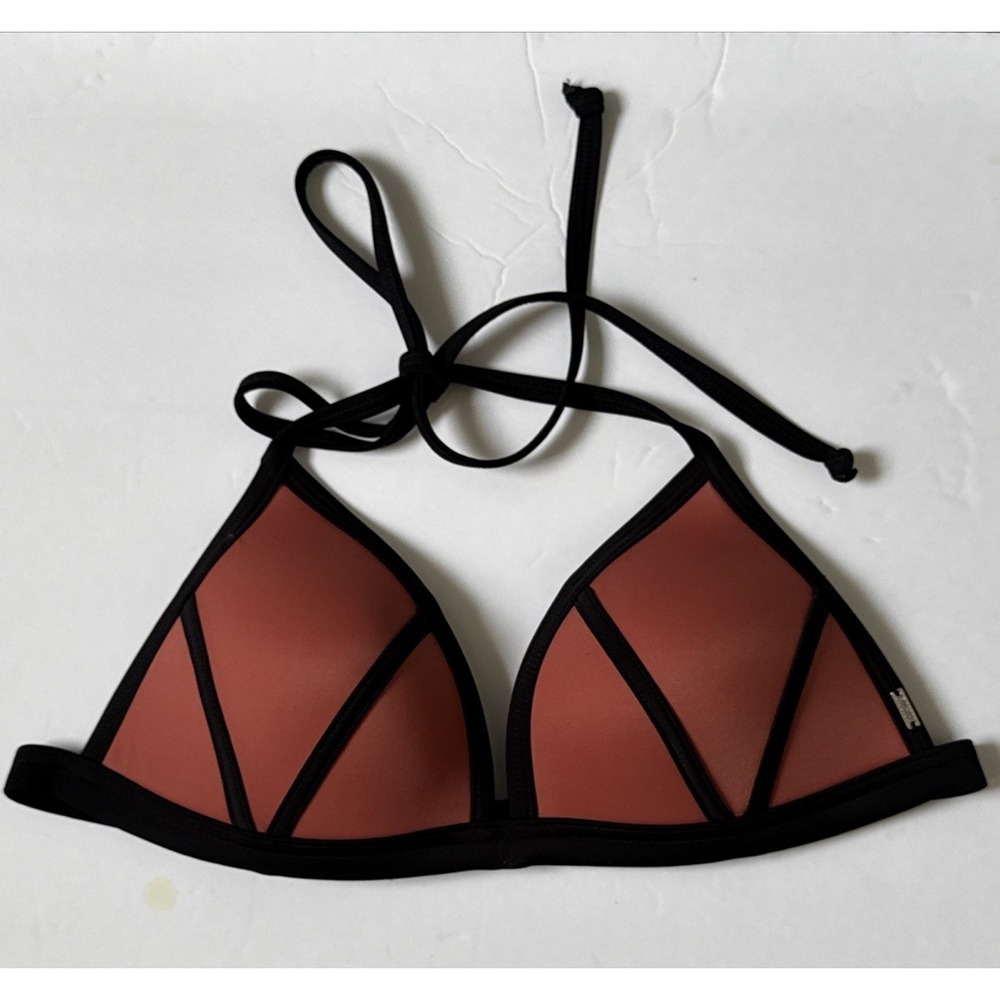 PINK Womens Bikini Top Large Black/Brown Padded Halter Surfing/Swim Trendy Y2K